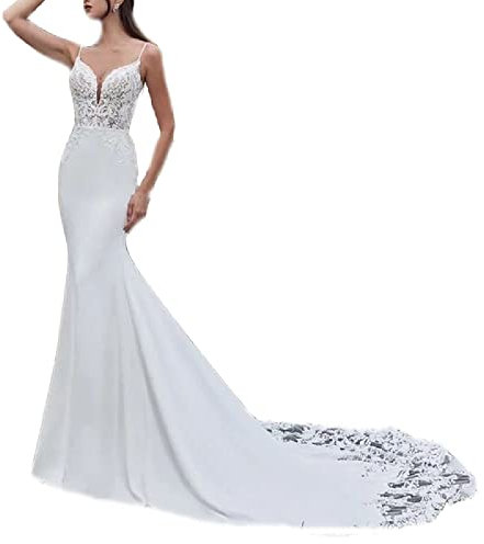 yhfshop Demoiselle d'honneur Robe de Soirée,Robes de mariée sirène en Satin à col en V et Dentelle Sexy,White,US10,Robe de Soirée Longue Sexy Chic