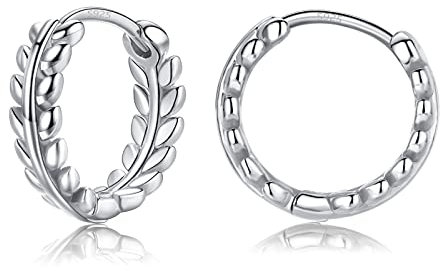 Silver Hoop Earrings for Women Girls, Hypoallergenic 925 Sterling Silver Olive Leaf Tiny Small Huggie Hoops Helix Cartilage Piercings Earring for Birthday Gifts, White Gold/10mm