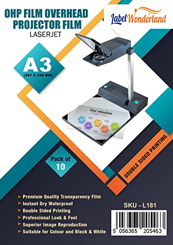 Pack of 10 - A3 OHP Film Overhead Projector Film for Laser Jet Printer and Copier Transparency Film 100 Micron (297 x 420 mm)