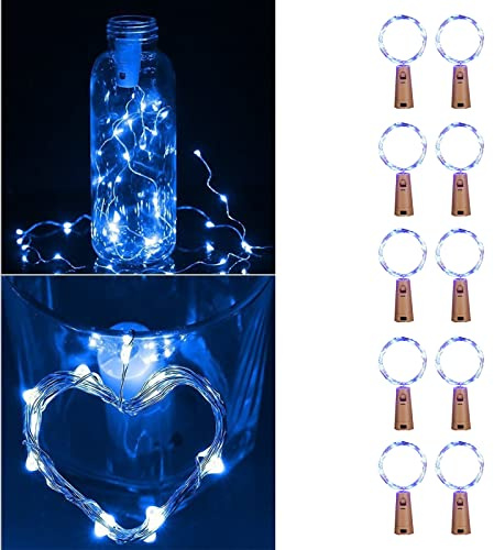 Guezuvoru Bottle Lights with Cork, 10 Pack 6.6ft 20 LED Wine Bottle Lights, Waterproof Silver Wire Lights, Bottle Fairy Lights for Christmas Wedding Party Mason Jar Decoration- Blue