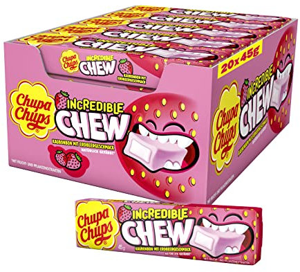 Chupa Chups Incredible Chew Erdbeere, Thekendisplay enthält 20 Stangen Kau-Bonbons mit Erdbeer-Geschmack in der Groß-Packung, geeignet für Geburtstag, 20 x 45g