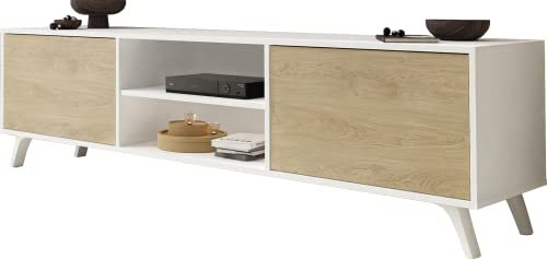 Domando Lowboard Sirolo Skandinavisch für Wohnzimmer Breite 180cm, Push-to-Open-System, Holzfüße in Weiß Matt und Sonoma Eiche