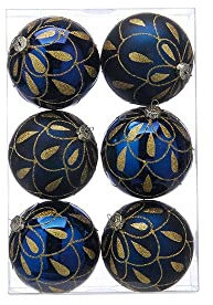 Festive Productions Shatterproof Drape Baubles Navy Blue with Gold Glitter Detailing Pack of 6