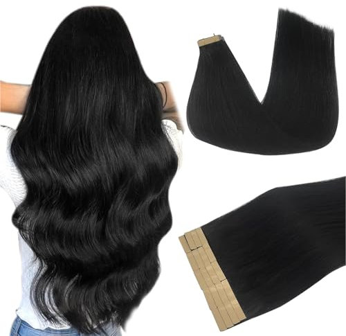 DOORES Extensions Echthaar Tape in, Tief Schwarz 50cm (20zoll) 50g 20pcs, Remy Haarextension Tape in Echthaar Extensions Remy Haarverlängerung Unsichtbar Echthaar