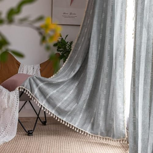 TOPSMCHER Tende Boho per soggiorno, 248 cm, 2 pannelli ricamati a righe con nappe in lino bohémien, tende filtranti, grigio blu