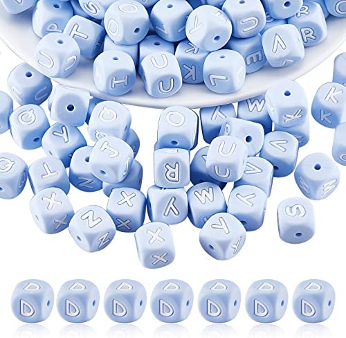 BEEFLYING 20 Pièces Perles en Silicone pour Lettres cubiques Bleu Perles Alphabet dés carrés 12mm Perles d'espacement initiales à Large Trou pour la Fabrication de Porte-clés (Lettre D)