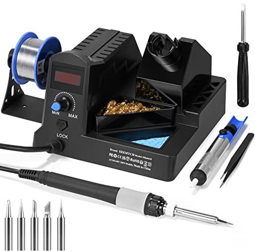 SREMTCH Stazioni di saldatura, Stazione Saldatura, saldatore a stagno, 60W Professionale Saldatore Elettrico con Temperatura Regalabile 180-480°C, 50g filo di saldatura e Vari Accessori