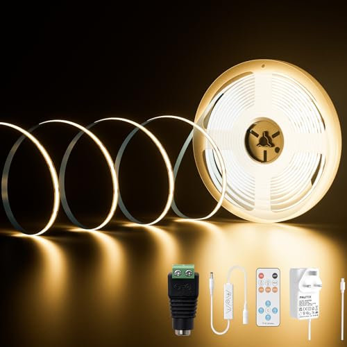 PAUTIX COB LED Strip Warm White 3000K, 10M 4800LEDs 24V CRI90+ Dimmable Bright COB Light Strip Kit with 13 Keys RF Remote and 24V Power Supply COB LED Lights for Bedroom Kitchen Home DIY Projects