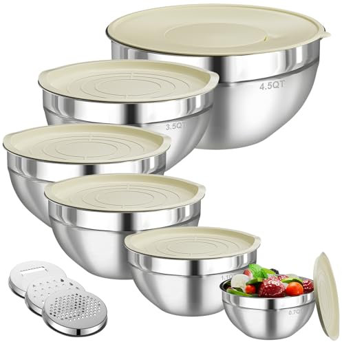 Winproper Juego de cuencos grandes para mezclar con tapas, 6 cuencos de acero inoxidable con 3 accesorios de rallador, organizadores de almacenamiento de alimentos de cocina, cuenco de mezcla de