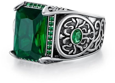 PYTALI Smaragd-Edelsteinring für Herren, quadratischer Smaragd-Silberring mit Smaragd-Edelstein, Sterlingsilber, einzigartiges Vintage-Retro-Muster, Ringschmuck für Männer und Jungen,