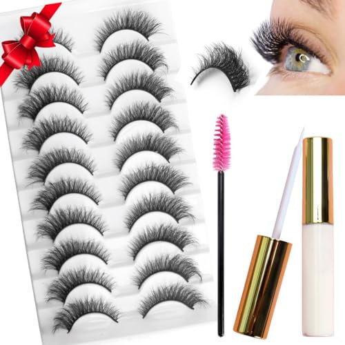 Russian Strip Lashes - Cat Eye Lashes 18MM D Curl, 10 Pairs with Strong Lash Glue & Eyelash Brush - Reusable, Handmade, Natural Look 3D