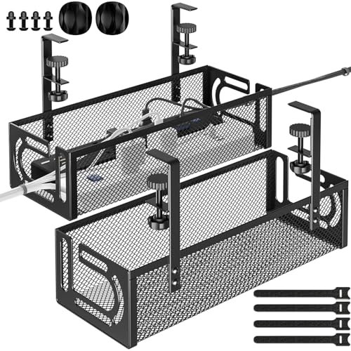 Under Desk Cable Management Tray, 15.7'' No Drill Steel Desk Cable Organizers, Wire Management Tray Cable Management Rack (2 Packs-Black)