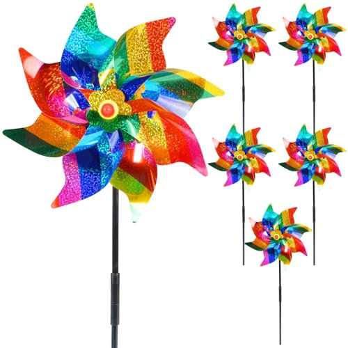 Forhome 5 Stück Taubenabwehr Windrad, Bunte Windrad, Windrad Garten, Vogelschreck Windräder, Reflektierende Windräder, Gestreifte Farbe Dekorationen für Hof, Rasen Balkon Obstgarten