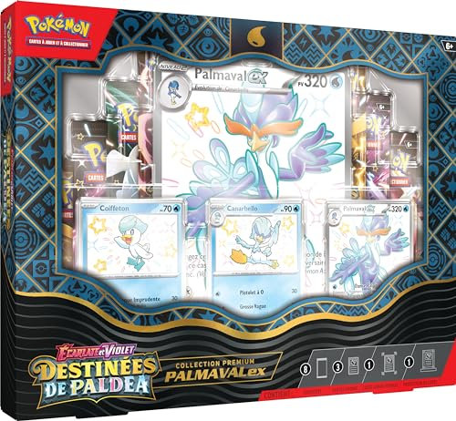 Pokémon Pokémon-Sammelkartenspiel: Premium-Kollektion Scharlachrot und Violett – Schicksal von Paldea – Palmaval-ex (3 glänzende Promokarten, 1 große Karte und 8 Booster)