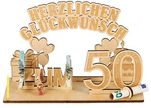 Giftota 50 Geburtstag Geschenk Mann Frau, 50. Geburtstag Geldgeschenk aus Holz, 50 Geburtstag Holzdeko