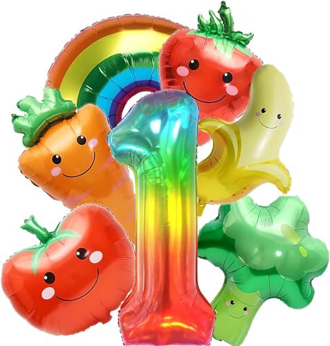 7Pcs Folienballon Obst Gemüse Ballons, Helium Luftballons Geburtstag mit Bunte Nummer 1 Ballon Erdbeere Banane Karotte Ballon, Gemüse Luftballon Obst Ballon für Kinder 1. Geburtstags Party Dekoration