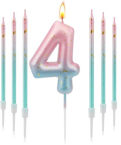 TAIXING Geburtstagskerzen Zahlen 4, 3D Farbverlaufs Kerzen Geburtstag, Geburtstagskerzen Kinder Rosa Blauer Farbverlauf, Zahlenkerze für Kinder Jungen Mädchen Geburtstags Jubiläum, Kerze 4