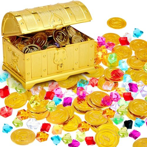 Cofre del Tesoro Pirata de Juguete con 50 Monedas de Oro de Plástico y 50 Gemas Falsas, Juguetes del Tesoro Pirata, Retro Cofre del Tesoro con Cerradura, Regalos de Fiesta de Navidad Pascua (Novel)