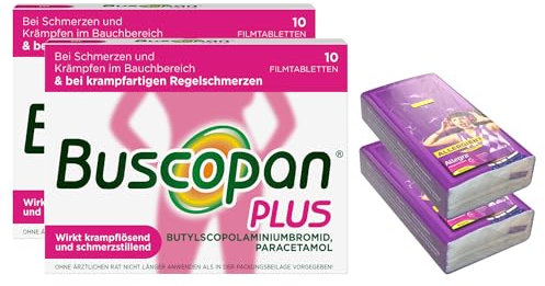 Buscopan PLUS Filmtabletten 2 x 10 St, mit 2 x Allegra Taschentücher - Schnelle Linderung bei Regelschmerzen & Starken Beschwerden, Zweifach Wirkung: Krampflösend und Schmerzstillend, Wirkt in 15 Min.