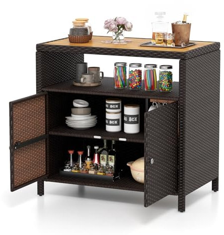 COSTWAY Armoire de Rangement Exterieur en Rotin, Armoire de Jardin avec Plateau en Bois d'Acacia Compartiment Ouvert Buffet à 2 Portes, Organisateur de Rangement pour Piscine Terrasse (Marron)