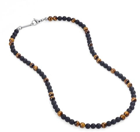 GAVU Herren Surfer Halskette mit matten Onyx Perlen und Tigerauge Bunt Perlenkette für Männer 55cm
