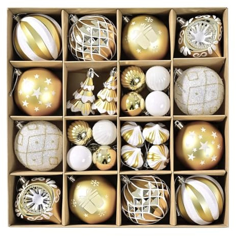SVNVIOZ 43 Stück 8cm Weihnachtskugeln Gold Weiß, Christbaumkugeln Kunststoff Deko Weihnachten, Bruchsicher Weihnachtsbaumschmuck mit Aufhänger, Weihnachtsbaumkugeln für Weihnachtsdeko Innen Aussen