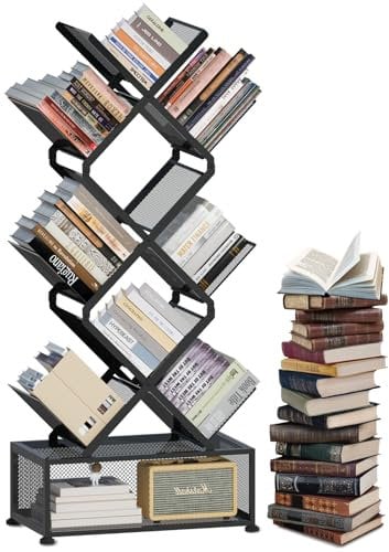 HI NINGER Tree Bookcase, Libreria ad Albero a 9 Livelli con Armadietto, libreria da scrivania verticale per scaffale pieghevole per soggiorno, studio, casa, ufficio, camera da letto