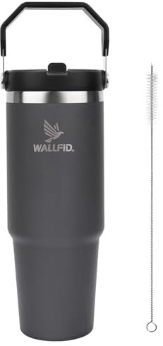 WALLFID 30oz Thermobecher Geschirrspüler Safe, Flip Stroh Wasserflasche mit Stroh und Stroh Bürste, Edelstahl Wasser Cup Reise Becher BPA-frei (Grau Schwarz)