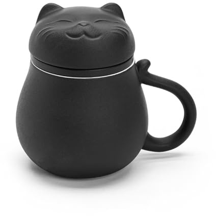 Jarsense Tasse à thé en céramique avec infuseur et couvercle, 400 ml, motif chat porte-bonheur pour infusion de feuilles mobiles, convient pour la maison et le bureau (noir)