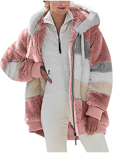 KHIRVWL Felpe con Cappuccio Donna Felpa in Pile Patchwork Manica Lunga Felpe Donna con Zip Autunno Invernale Felpa Pelosa Casual Giacca Teddy Outwear Caldo Cappotto Giacche Regalo Donne Ragazza