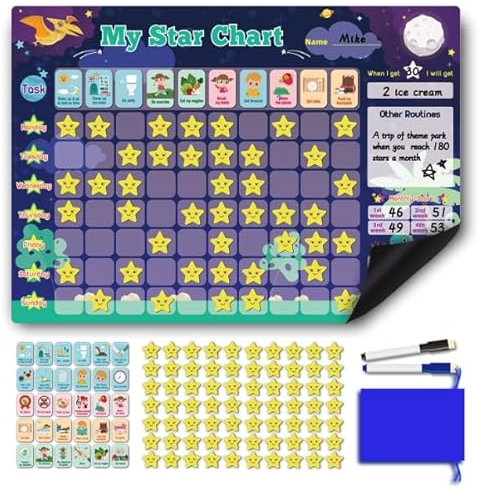 Jemey Belohnungstafel für Kinder, 42x30cm Montessori Magnettafel, ADHS Hilfsmittel, Wochenplaner Kinder mit 70 Sterne, 30 Aufgaben, 2 Markierungsstifte und 1 Beutel, Kinder Aufgaben Tafel ab 3