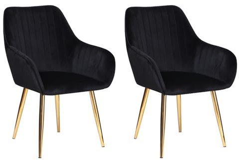 HYGRAD® Set of 2 Velvet Dining Chairs - Upholstered With Gold Legs, Soft Padded For Home, Restaurant, Cafe, Office (Black)