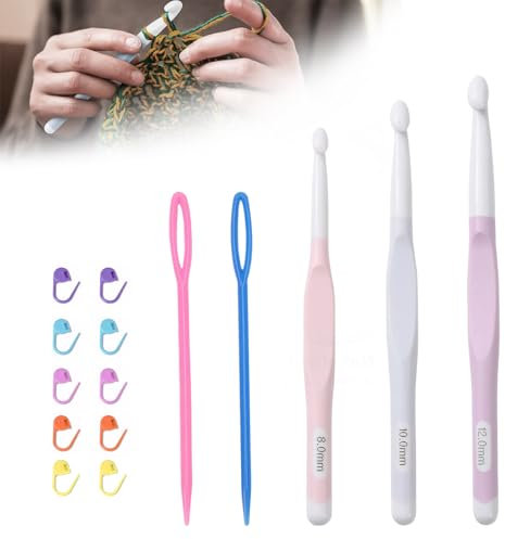 Large Crochet Hook 3PCS,8mm,10mm,12mm Crochet Hook,Crochet Hook for Pain-Free Crafting,Crochet Hook for Blankets,Shawls,Bags,Hats,Scarves&More,with 2*Crochet Hooks + 10*Anti-Loosening Small Pins