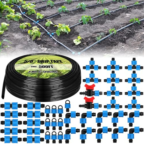 Tondiamo Kit de riego de cinta por goteo de 500 pies y 5/8 pulgadas, kit de tubos de riego por goteo de 8 mil 6 pulgadas, manguera espaciadora de jardín, sistema de riego automático para granjas