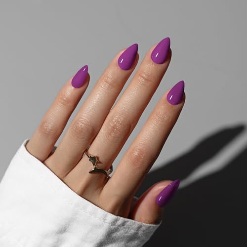 KQueenest Plum Purple Press on Nails Short Almond, Short False Nails with Glue, Solid Berry Purple Fake Nails Press ons Stiletto, Glossy Opaque, Reusable Soft Gel Stick on Nail for Women, 30 Pcs