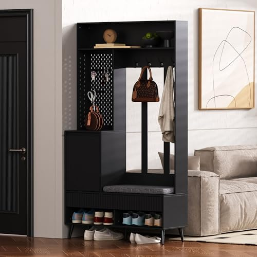 Moimhear Garderoben-Set, Wandgarderobe, Flurgarderobe Set mit Schuhbank, Garderoben Set mit 4 Kleiderhaken, Zwei Schubladen und 1 Türen, 100x35x180cm (Schwarz)