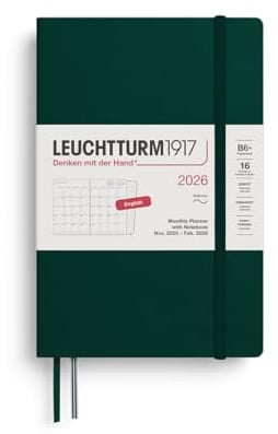 LEUCHTTURM1917 372794 Monatsplaner & Notizbuch Paperback (B6+) 2026, 16 Monate, Softcover, Forest Green, Englisch