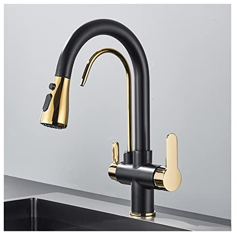 Mattschwarze 360° ausziehbare Küchenarmatur mit Wasserfilter & Dreiwege-Brause Stilvolle Mischbatterie (Typ A Schwarz Gold) für moderne Küchen Einfache Installation & Design