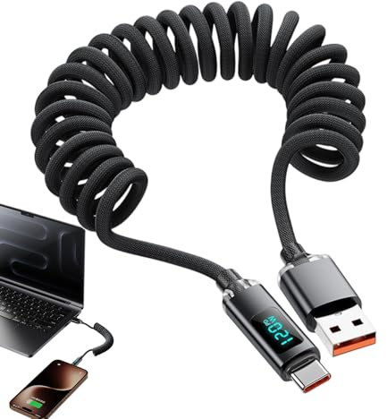Celuicion Cable Cargador Tipo C,Cargador de 120W Enrollable | Cordón USB C con Pantalla Digital de 0,9 m para uso en Negocio, Hogar, Portátil, Reloj, Tableta, Coche, Escuela, Universidad