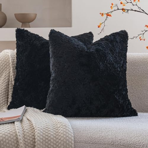 Neelvin 2er Set Kissenbezug Kunstpelz Pelz Plüsch Dekorative Kissenbezüge Sofakissen Kuschelig weich Couchkissen Dekokissen für Couch Sofa Wohnzimmer Schlafzimmer Schwarz 40 x40 cm