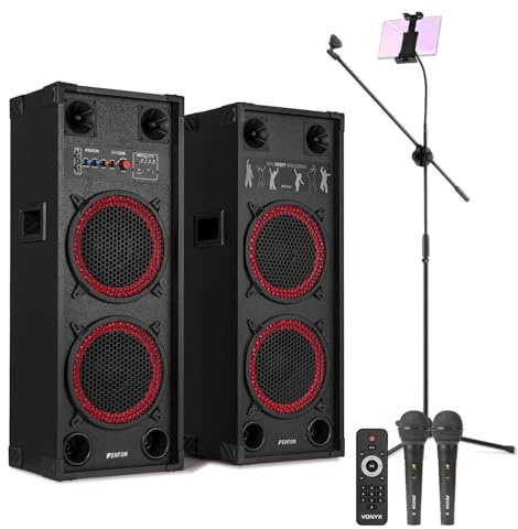 Fenton Bluetooth Karaoke Machine Set with Dual 10-inch 1200W Active Party Speakers, Two Wired Microphones, Mic Stand & Tablet Holder for Adults Home Singing & DJ Parties