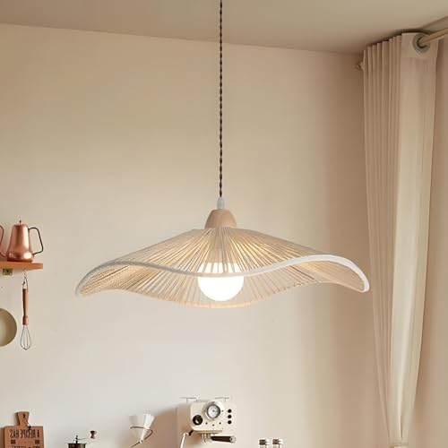 NOCHX Wabisabi Retro Pendelleuchte Japanisches Holz Farbe Kreativ Hand Geweben Hanf Seil Kronleuchter Bohemian Style Einstellbare Höhe Homestay Restaurant Bar Hängeleuchte(Natural Wood Color,42cm)