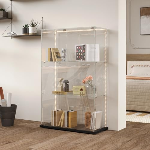 OLIVIBED Vitrine aus Glas mit 3 Regalböden, Glasvitrine mit 2 Türen und Schloss, Moderner Sammlerschrank für Wohnzimmer, Schlafzimmer, Büro, Esszimme, Minimalistisches Design, 78.5x35x123cm, Schwarz