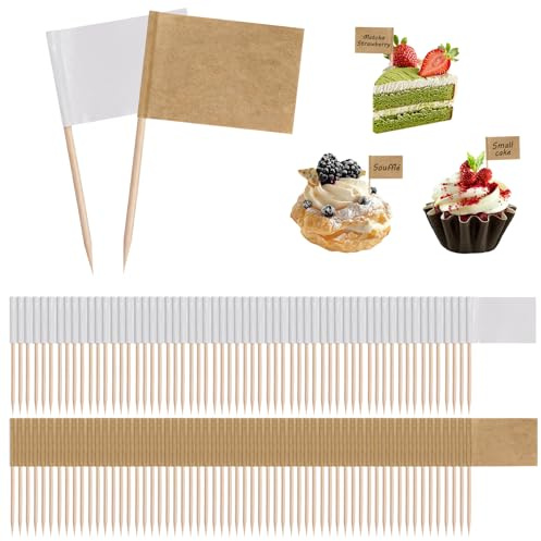 200 Stk Leere Zahnstocher Flaggen, kraftpapier Flagge Zahnstocher, Flaggenpicker, Zahnstocher Papierfähnchen, Kraftpapier Fähnchen zum Beschriften, Cupcake Fähnchen, Klein DIY Cocktail Zahnstocher