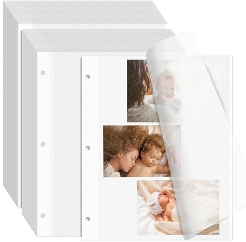 VOKOY Lot de 100 feuilles/200 pages d'album photo pour classeur à 3 anneaux, feuilles de recharge autocollantes pour album photo ou cartes, 28 x 22 cm