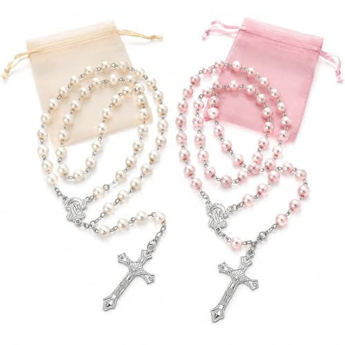 Fealkira Rosenkranz Kette Katholisch Set, 2er Gebetskette mit Kreuz, Rosa und Beige Rosenkranz mit Samttasche, für Gebet Meditation Kommunion, Geeignet für Frauen Männer und Gläubige