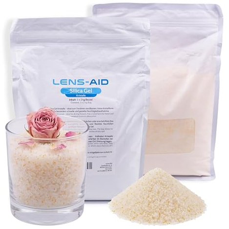 Lens-Aid Silica Gel Pulver zum Blumen trocknen 1 kg mit Farbindikator | Feines Granulat, Orange-Grün-Farbwechsel, regenerierbar bei 100 °C, für DIY Trockenblumen
