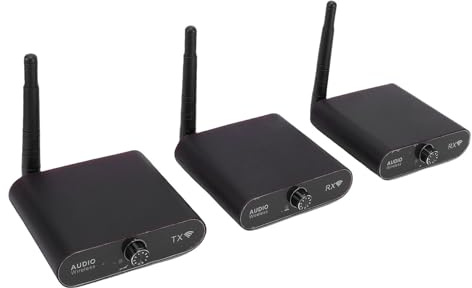 Annadue 2,4 G Kabelloser Audio Sender Empfänger, Hi Fi Stereo Funk Audio Adapter Set mit Geringer Latenz mit 1 Sender und 2 Empfängern, 100 M Große Reichweite für Heim Stereoanlage