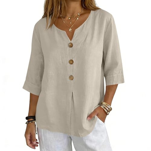 3/4 Length Sleeve Womens Tops Cotton Linen V Neck T Shirts Summer Beach Casual Boho Three Quarter Sleeve Tops Beige L