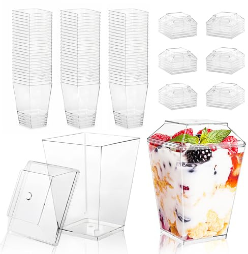 LucyStudio Återanvändbara genomskinliga fyrkantiga efterrättskoppar med lock 30-pack mini ostkaka krukor 160 ml/5,5 oz hård plast moussesbehållare förrätt, serveringsskål för puddingar, tiramisu gelé